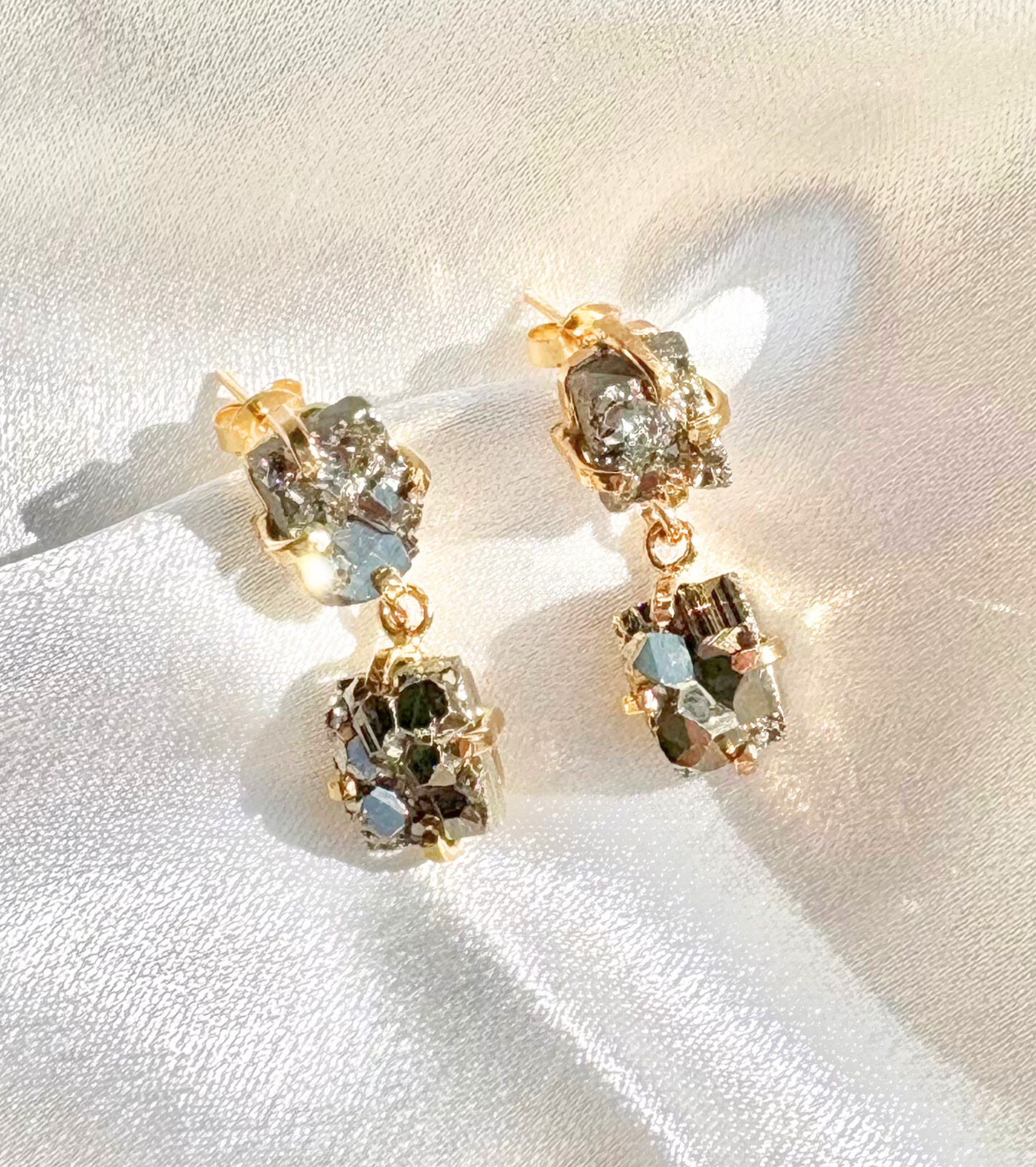 pyrite drop earrings 18k gold plated handcrafted by AquaBrasil jewelry
