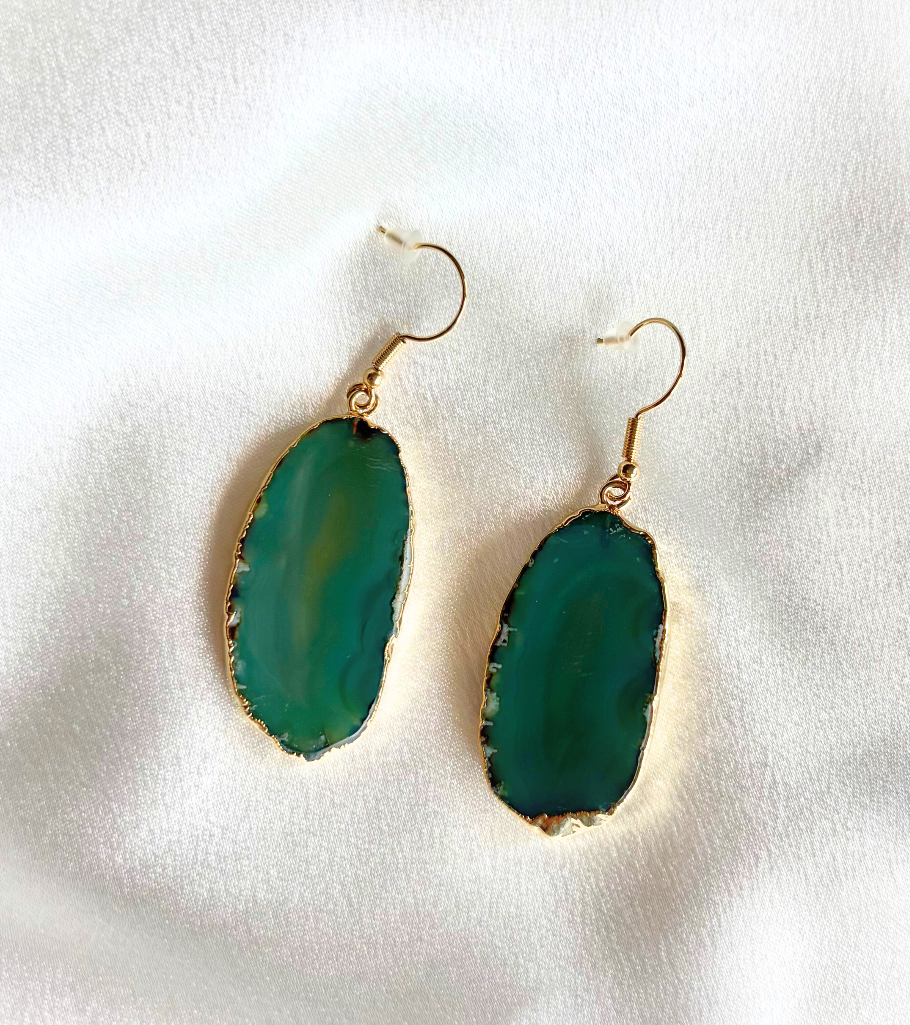 Green/Teal Agate Slice Earrings – Genuine Stone with 18K Gold-Plated Posts & Hand-Painted Edges