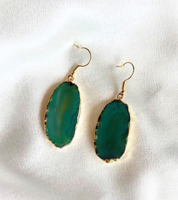 Green/Teal Agate Slice Earrings – Genuine Stone with 18K Gold-Plated Posts & Hand-Painted Edges