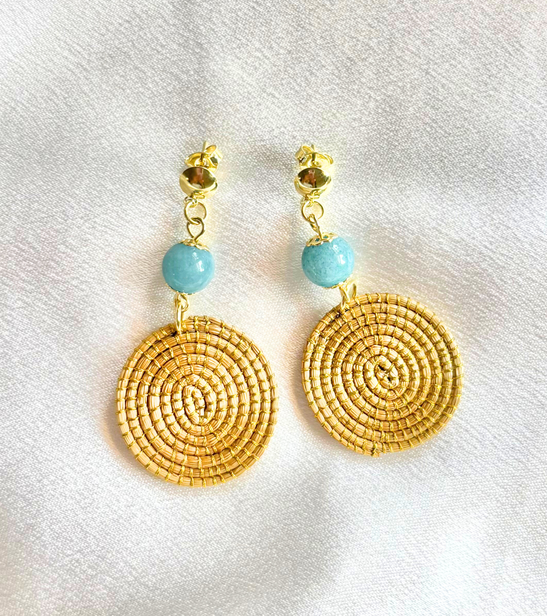Medium Mandala Earrings – Handmade with Brazilian Golden Grass & Natural Gemstones