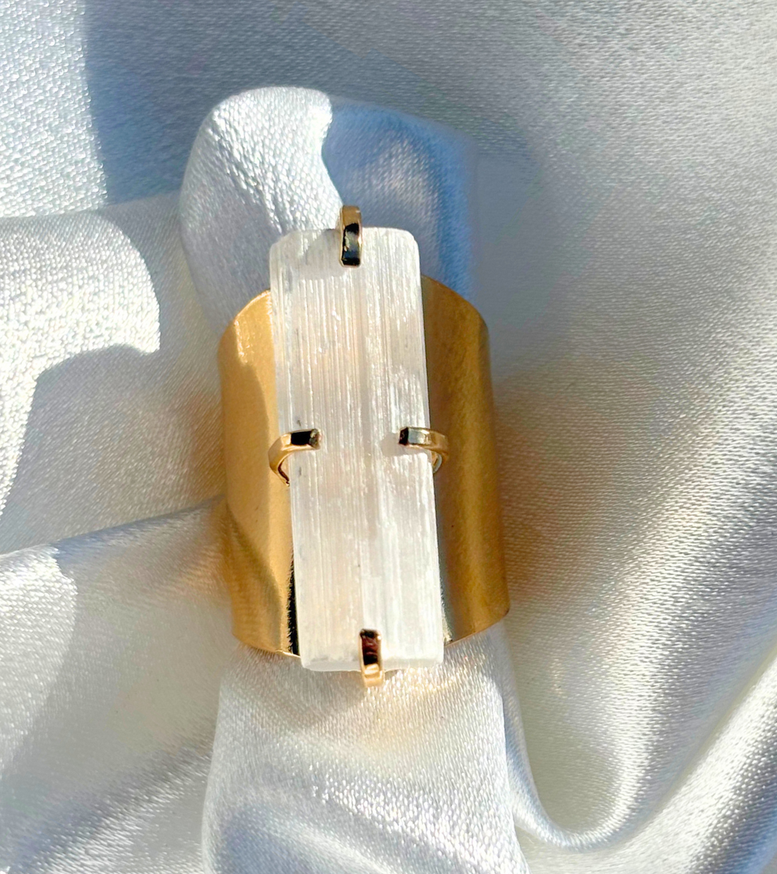 Selenite Cuff Statement Ring — Genuine Natural Stone, 18K Gold Plated, Adjustable Band