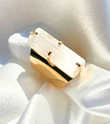 Selenite Cuff Statement Ring — Genuine Natural Stone, 18K Gold Plated, Adjustable Band
