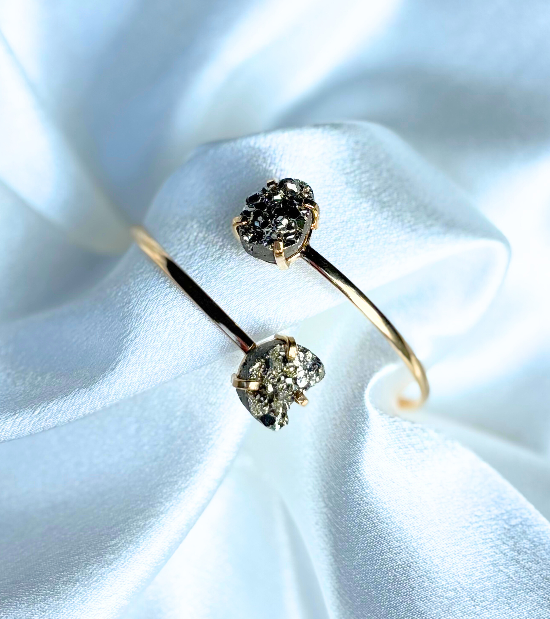 Pyrite Bangle Bracelet – Teardrop & Moon, 18K Gold Plated