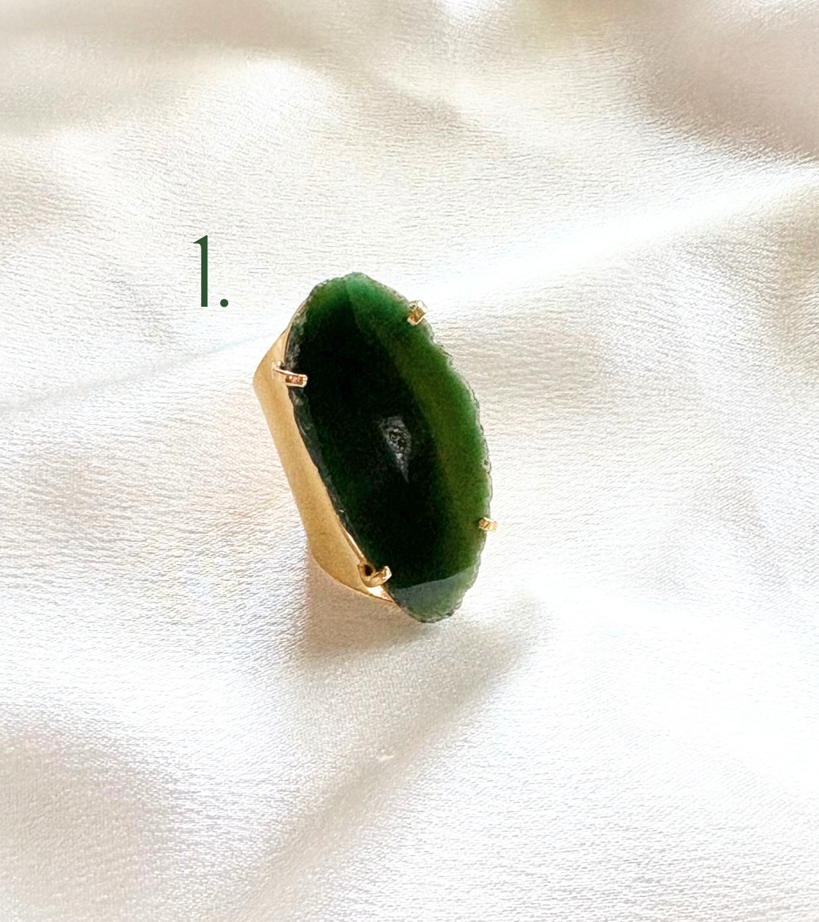 Green Agate Statement Ring – Adjustable Cuff Style in 18K Gold Plating