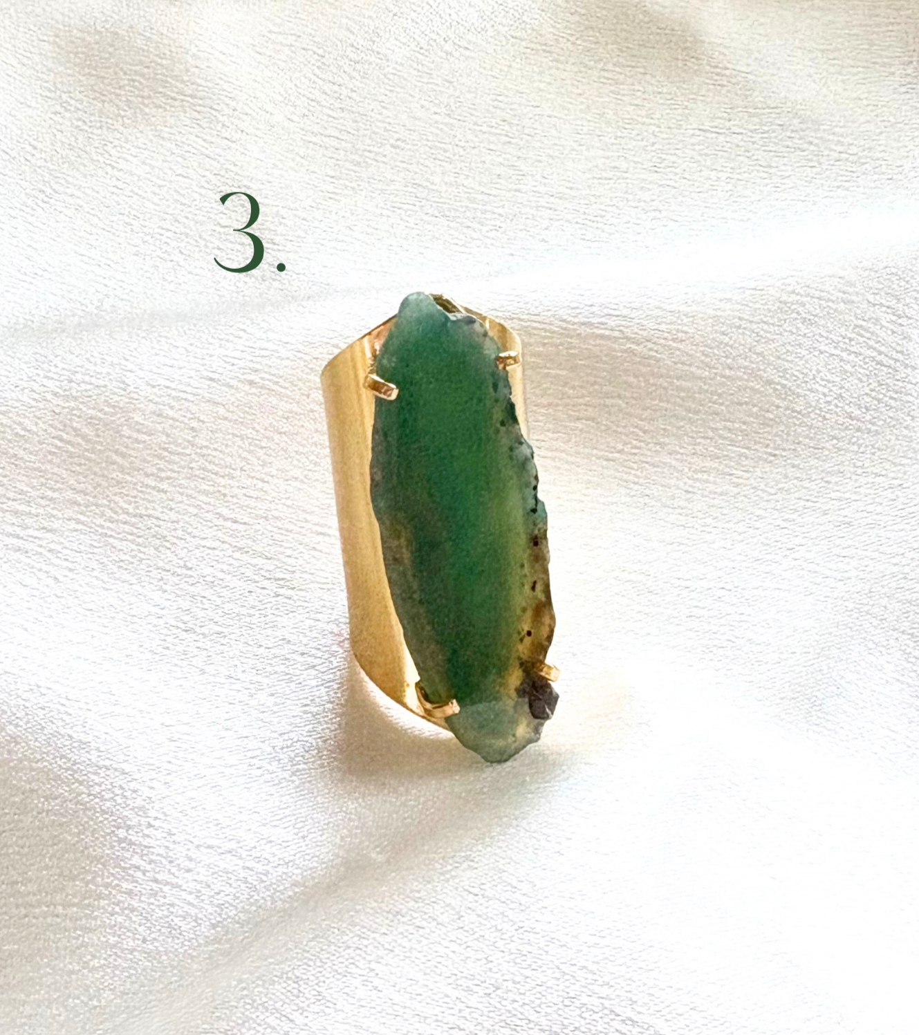 Green Agate Statement Ring – Adjustable Cuff Style in 18K Gold Plating