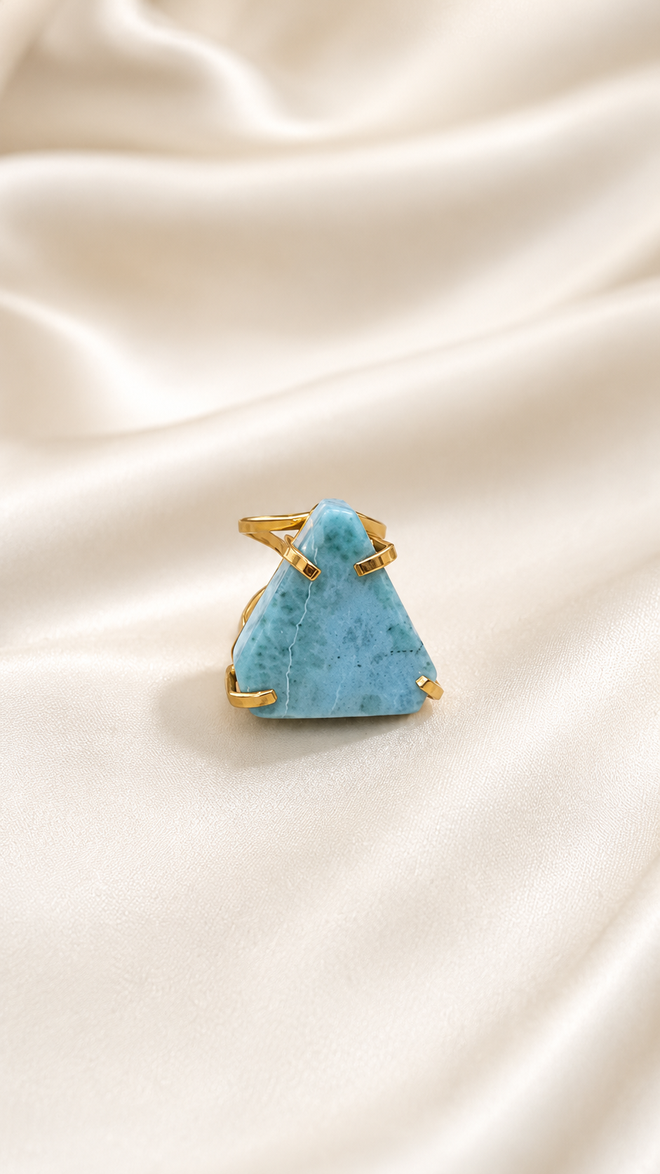 Larimar Open Cuff Ring — Arc Design with Genuine Caribbean Stone, 18K Gold Plated & Adjustable
