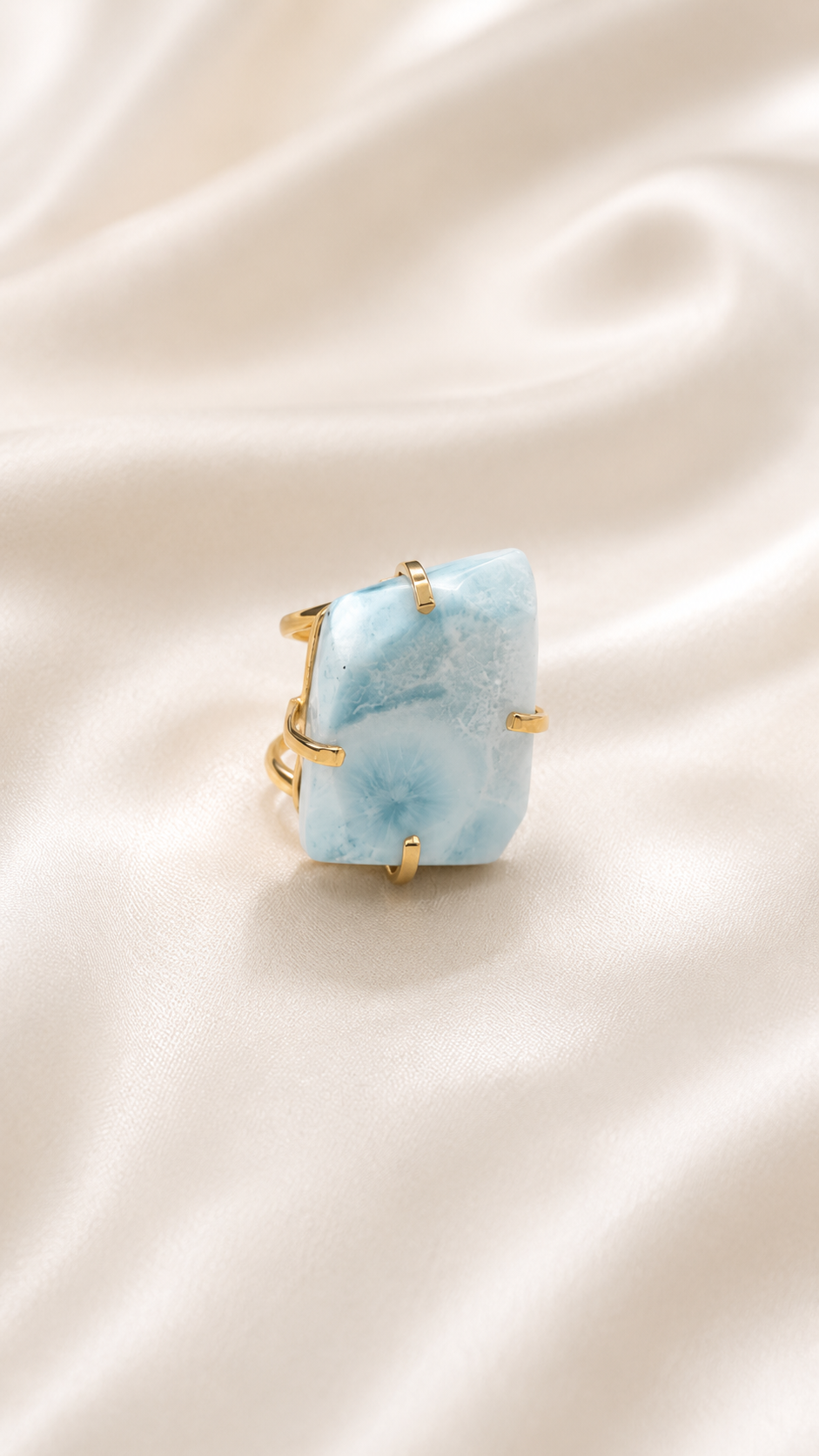 Larimar Open Cuff Ring — Arc Design with Genuine Caribbean Stone, 18K Gold Plated & Adjustable