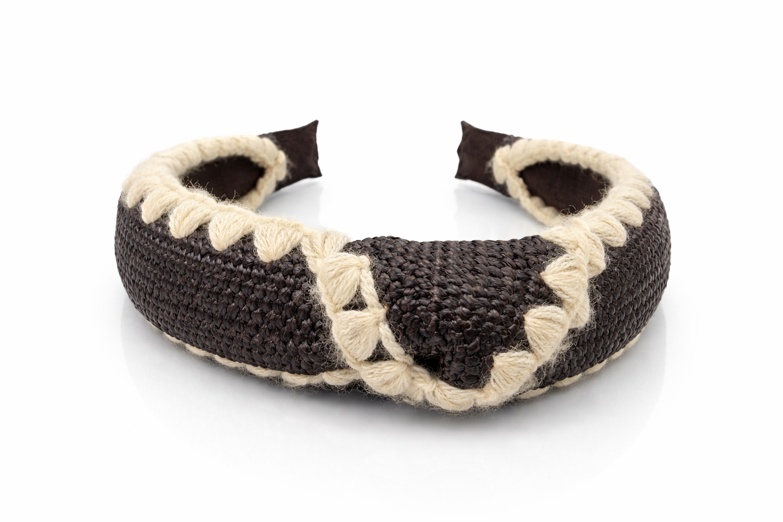 black ivory woven headband crochet detail natural fiber knot hair accessory AquaBrasil