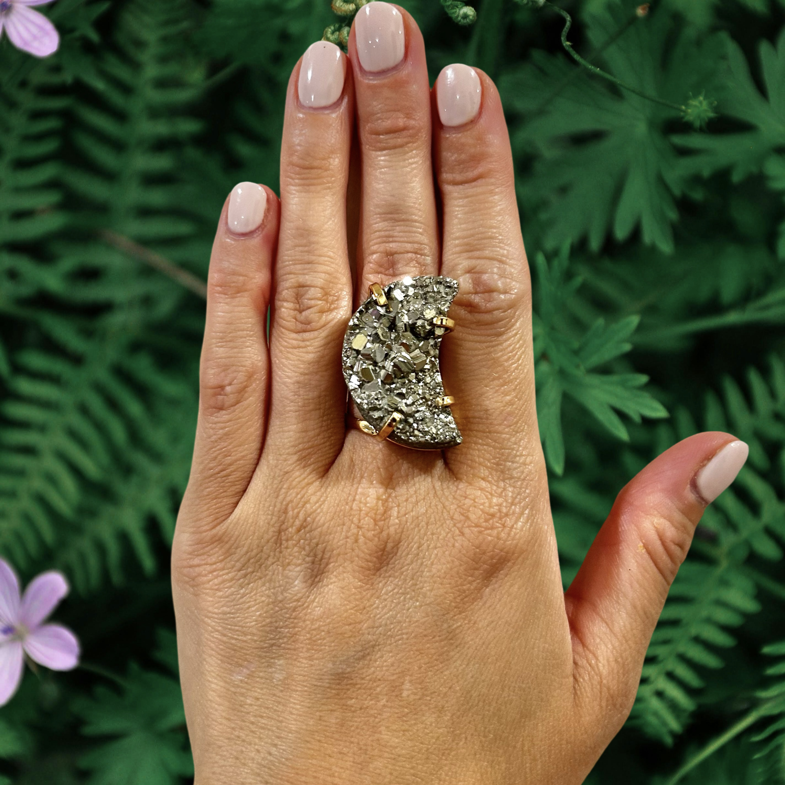 Moon Shaped Pyrite Ring