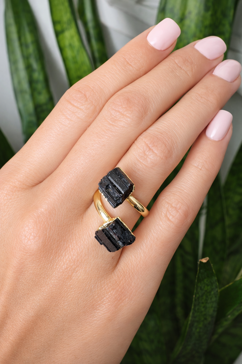 black tourmaline dual ring two stones on 18k gold plated adjustable band handcrafted by AquaBrasil