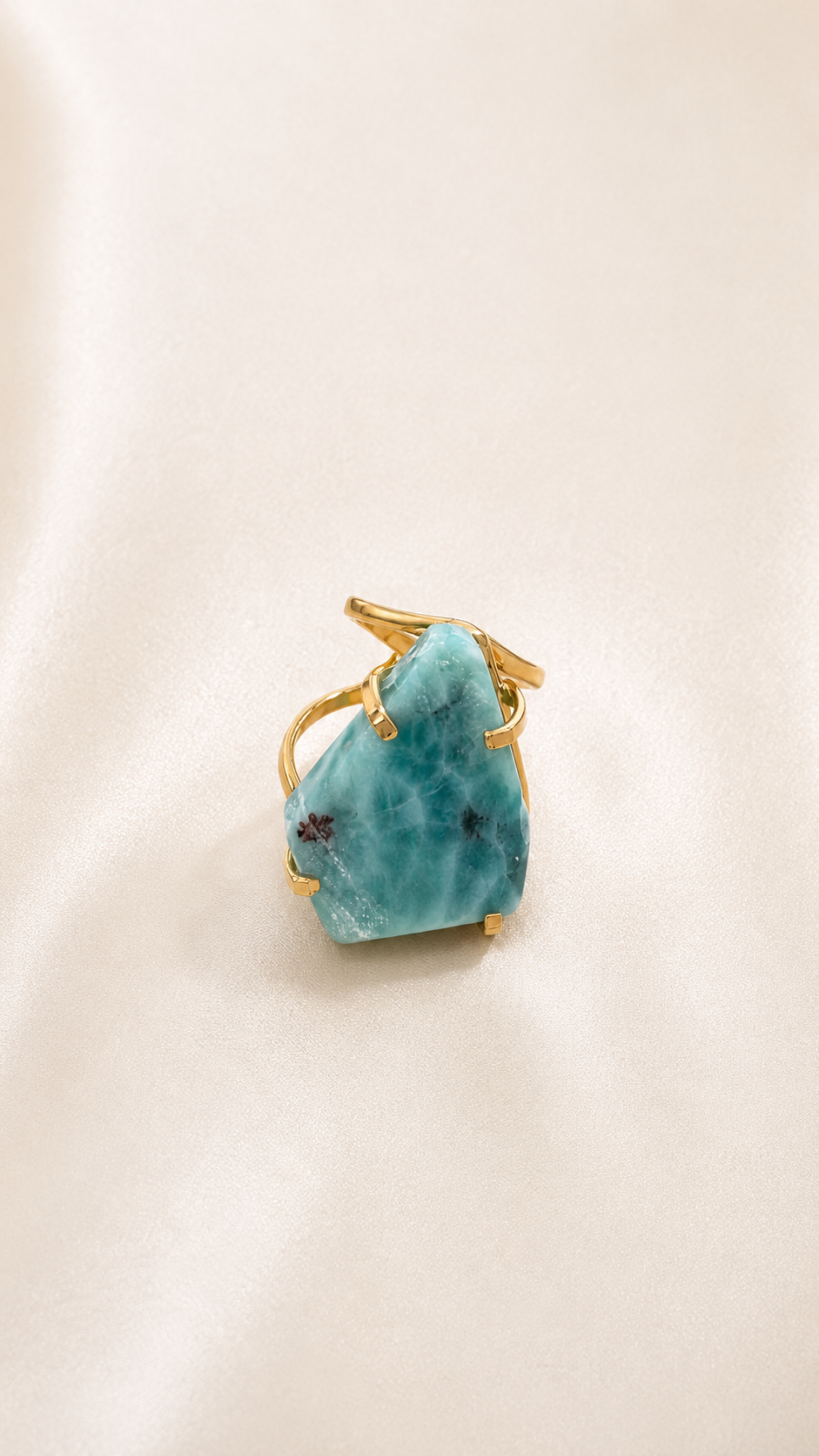 Larimar Open Cuff Ring — Arc Design with Genuine Caribbean Stone, 18K Gold Plated & Adjustable