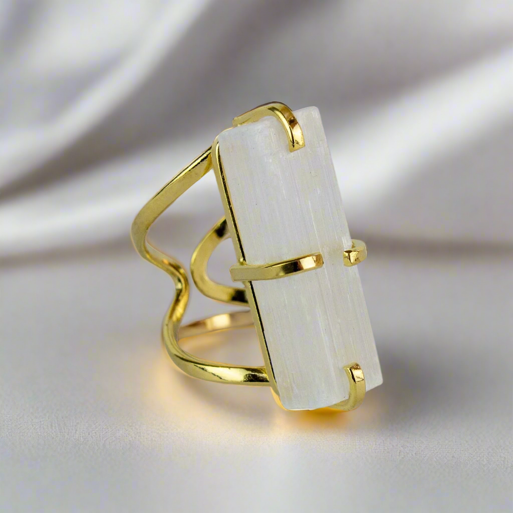 Selenite Statement Ring — 18K Gold Plated Natural Gemstone Cocktail Ring, Hypoallergenic Luxury Jewelry