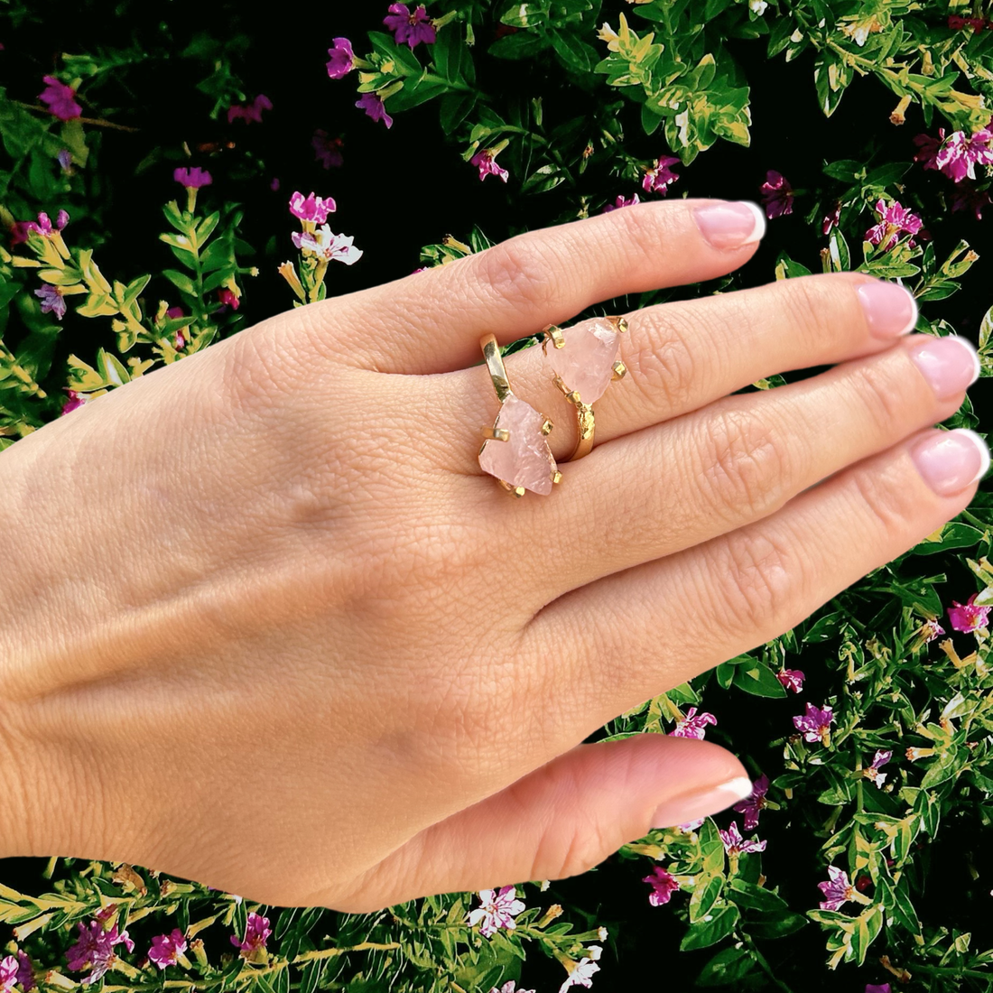 Double Raw Rose Quartz Ring — 18K Gold Plated Statement Jewelry, Adjustable & Hypoallergenic