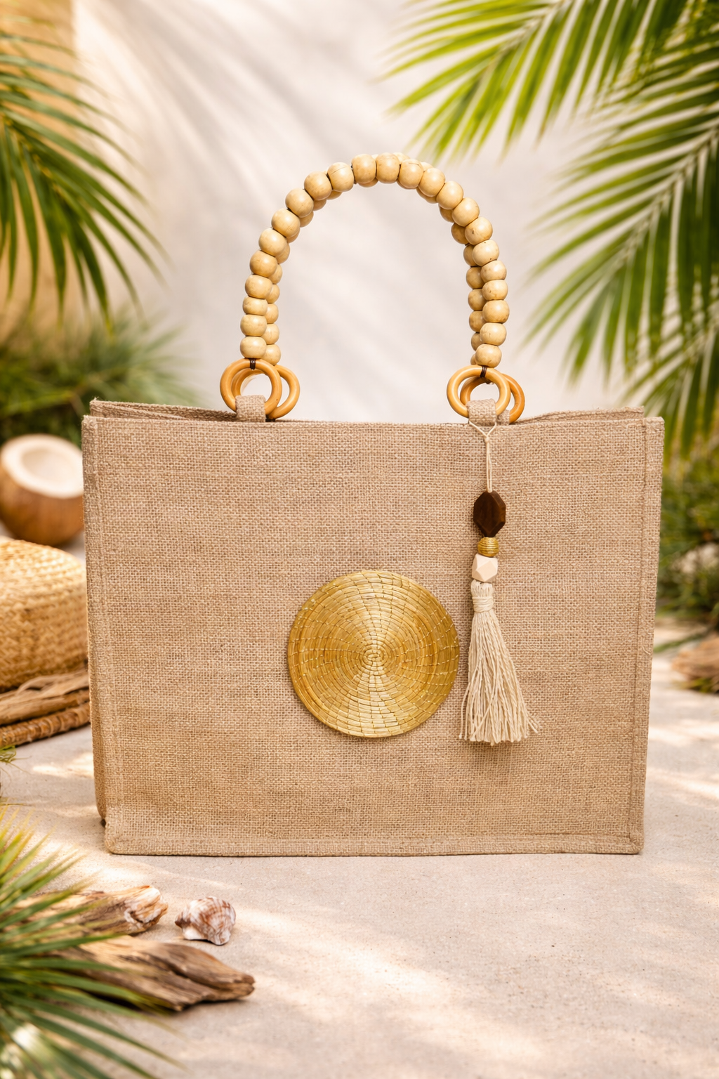 Burlap Tote with Golden Grass Mandala & Wooden Bead Handles
