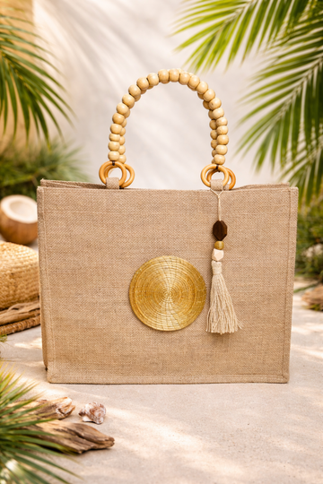 Burlap Tote with Golden Grass Mandala & Wooden Bead Handles