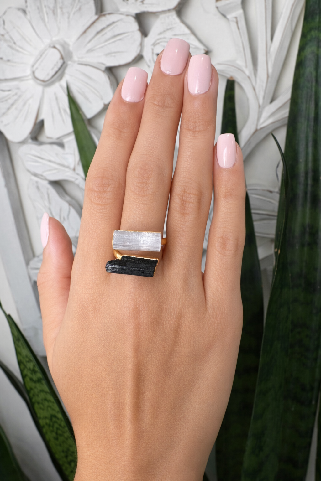 Black tourmaline and clear quartz dual ring on 18k gold plated adjustable band handcrafted by AquaBrasil