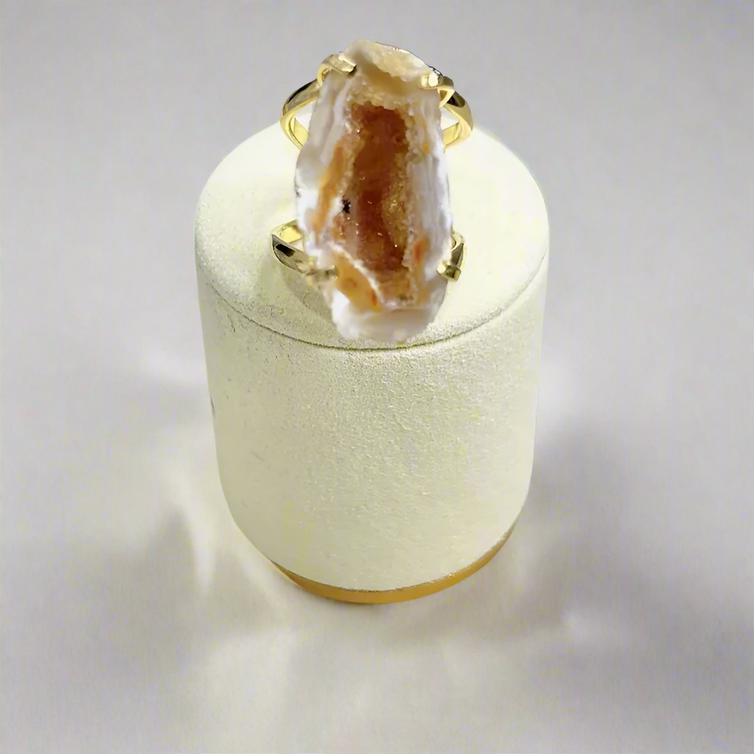 Full Geode Cocktail Ring — Genuine Natural Stone, 18K Gold Plated, Adjustable Statement Jewelry