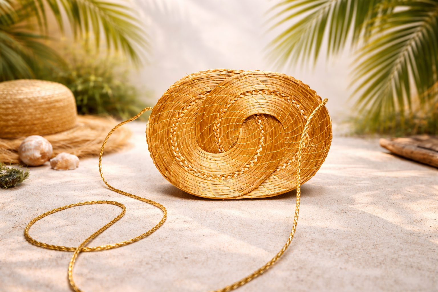 golden grass crossbody bag with infinity woven design braided cord strap handcrafted in Brazil AquaBrasil