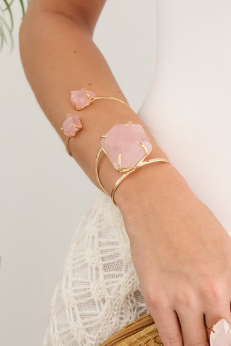 Rose Quartz Faceted Statement Cuff – 18K Gold Plated Adjustable