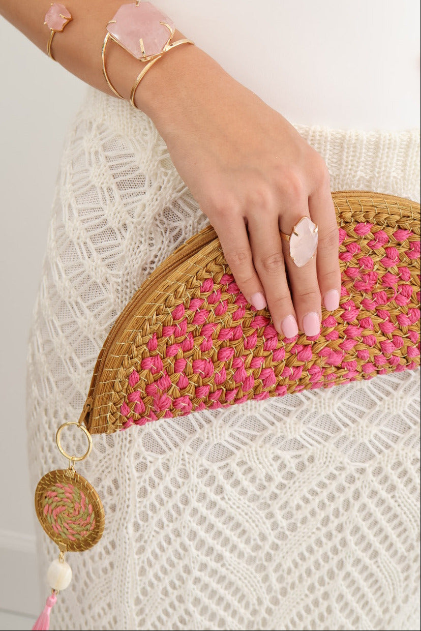 Golden Grass Clutch with Pink Crochet Intertwine