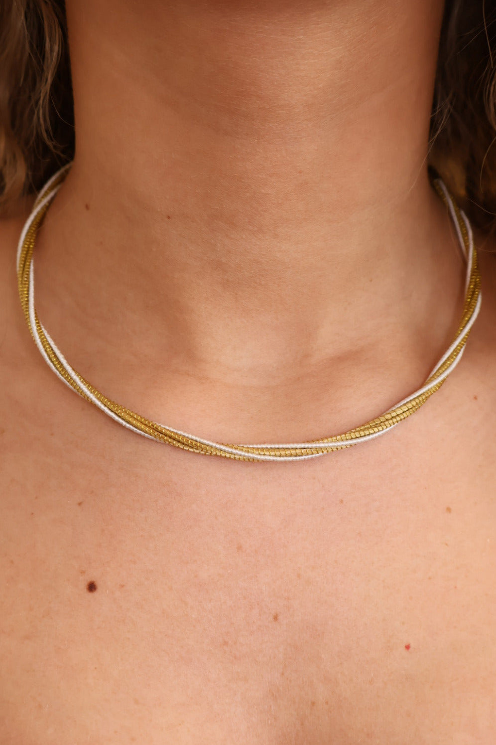 golden grass twisted choker with white thread detail adjustable 18k gold plated chain AquaBrasil jewelry