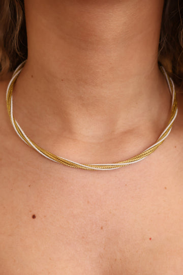 Golden Grass Twisted Choker with White Thread – 18K Gold Adjustable Chain
