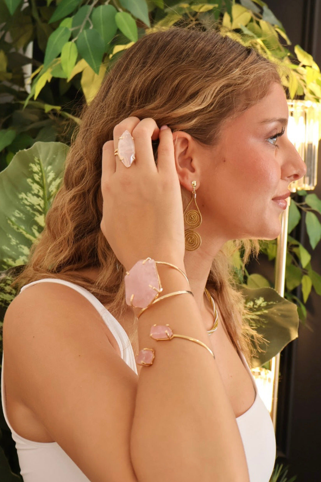 Rose Quartz Faceted Statement Cuff – 18K Gold Plated Adjustable