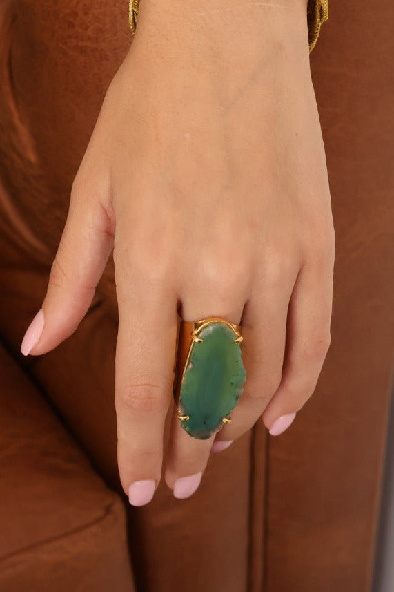 Green Agate Cuff Ring – 18K Gold Plated Adjustable Statement Ring