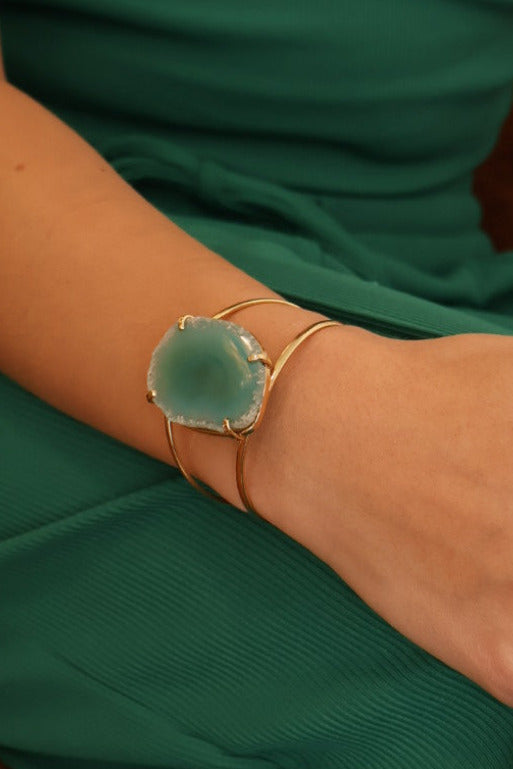 green agate slice cuff statement bracelet adjustable 18k gold plated handcrafted by AquaBrasil jewelry