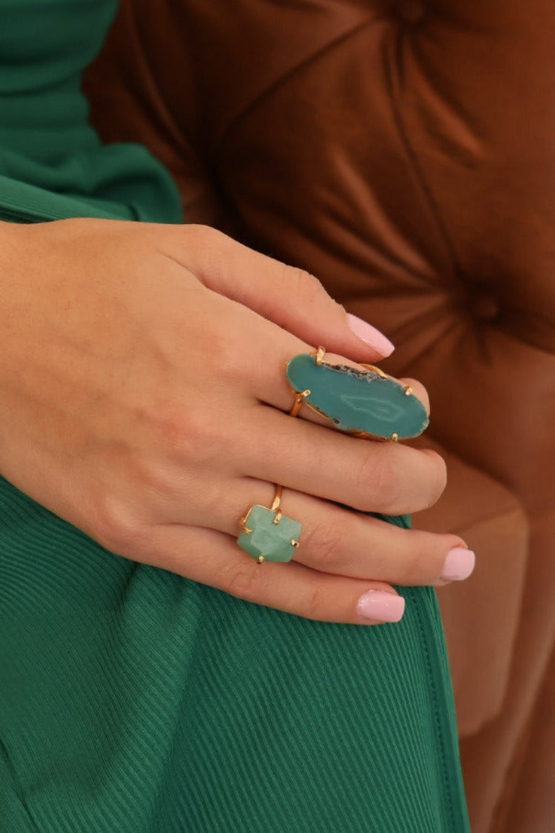 Light Green Agate Ring – Statement Cocktail Ring 18K Gold Plated