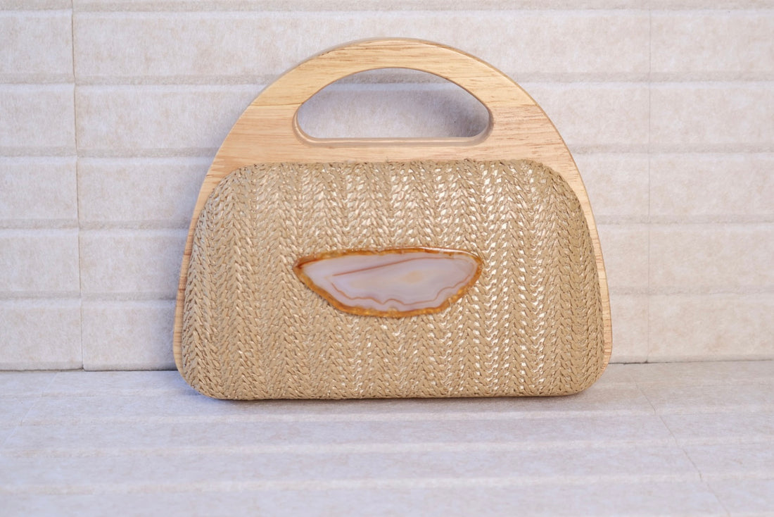 woven bag with natural wood handle and agate stone centerpiece detachable gold chain AquaBrasil