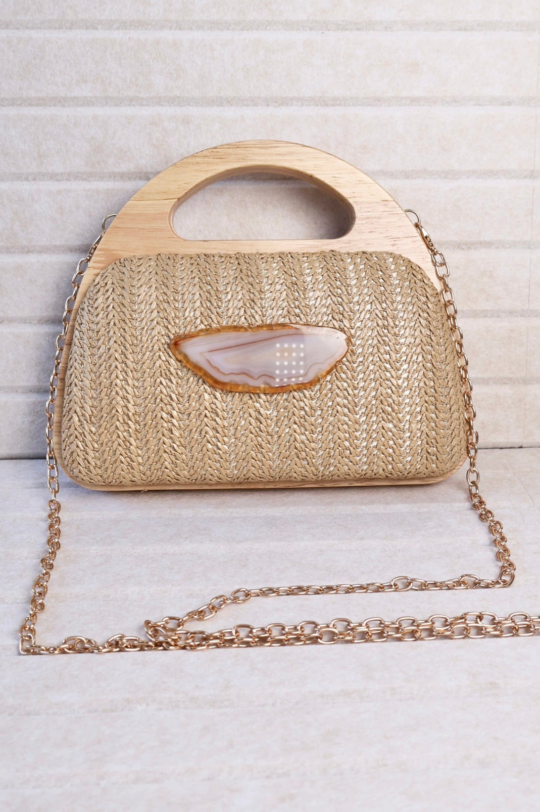 woven bag with natural wood handle and agate stone centerpiece detachable gold chain AquaBrasil
