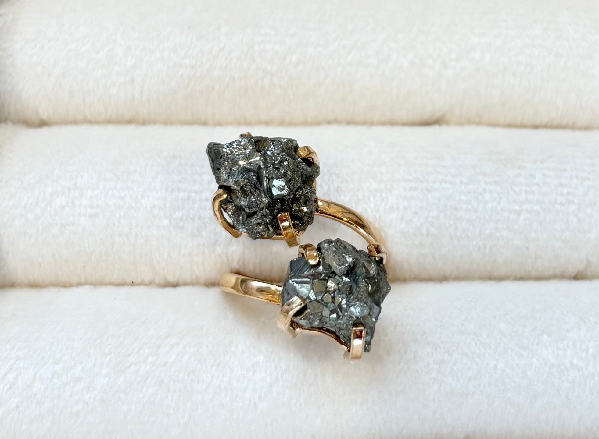 Dual-Stone Pyrite Ring — Genuine Natural Gemstones, 18K Gold Plated, Adjustable Statement Jewelry