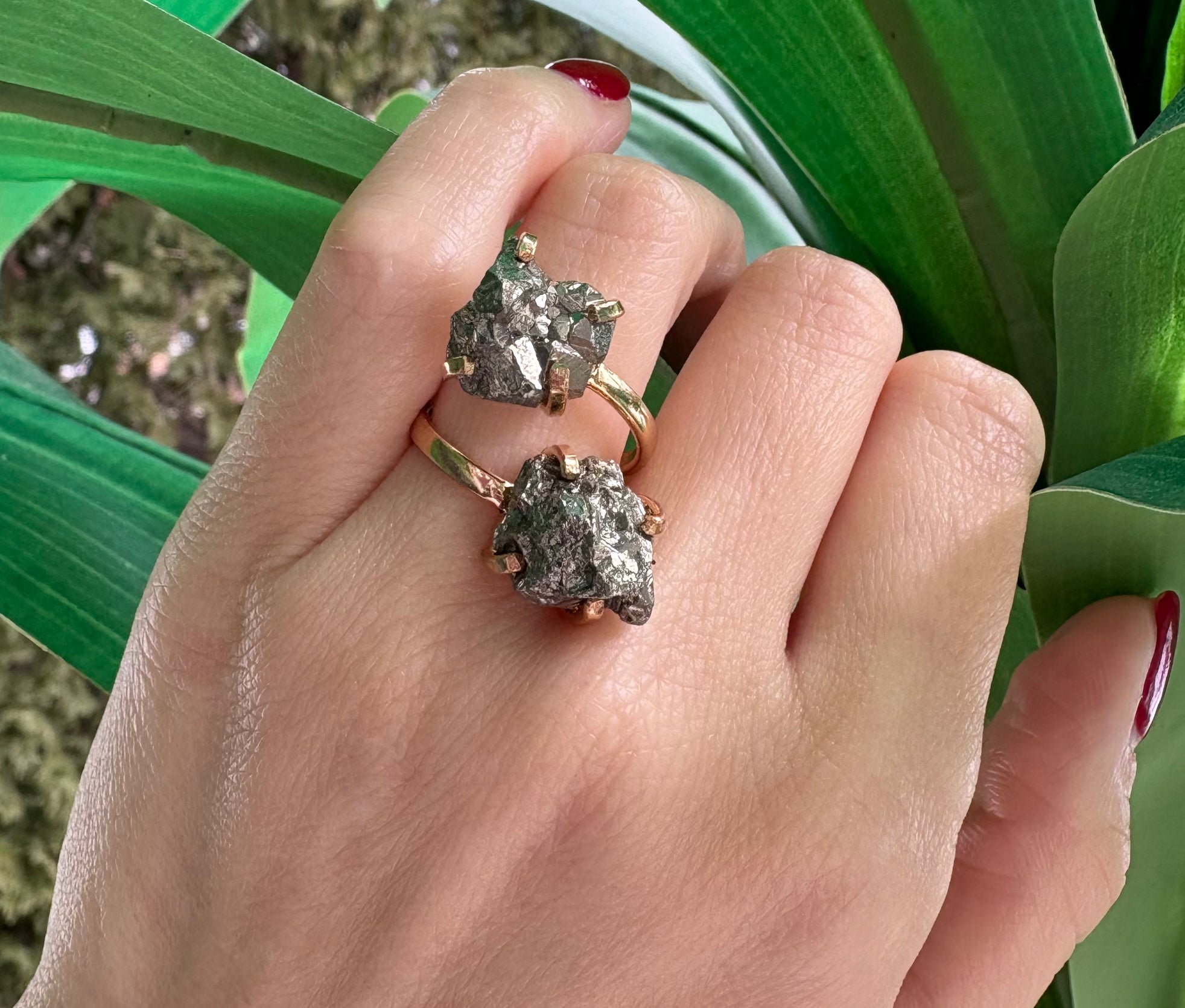 Dual-Stone Pyrite Ring — Genuine Natural Gemstones, 18K Gold Plated, Adjustable Statement Jewelry