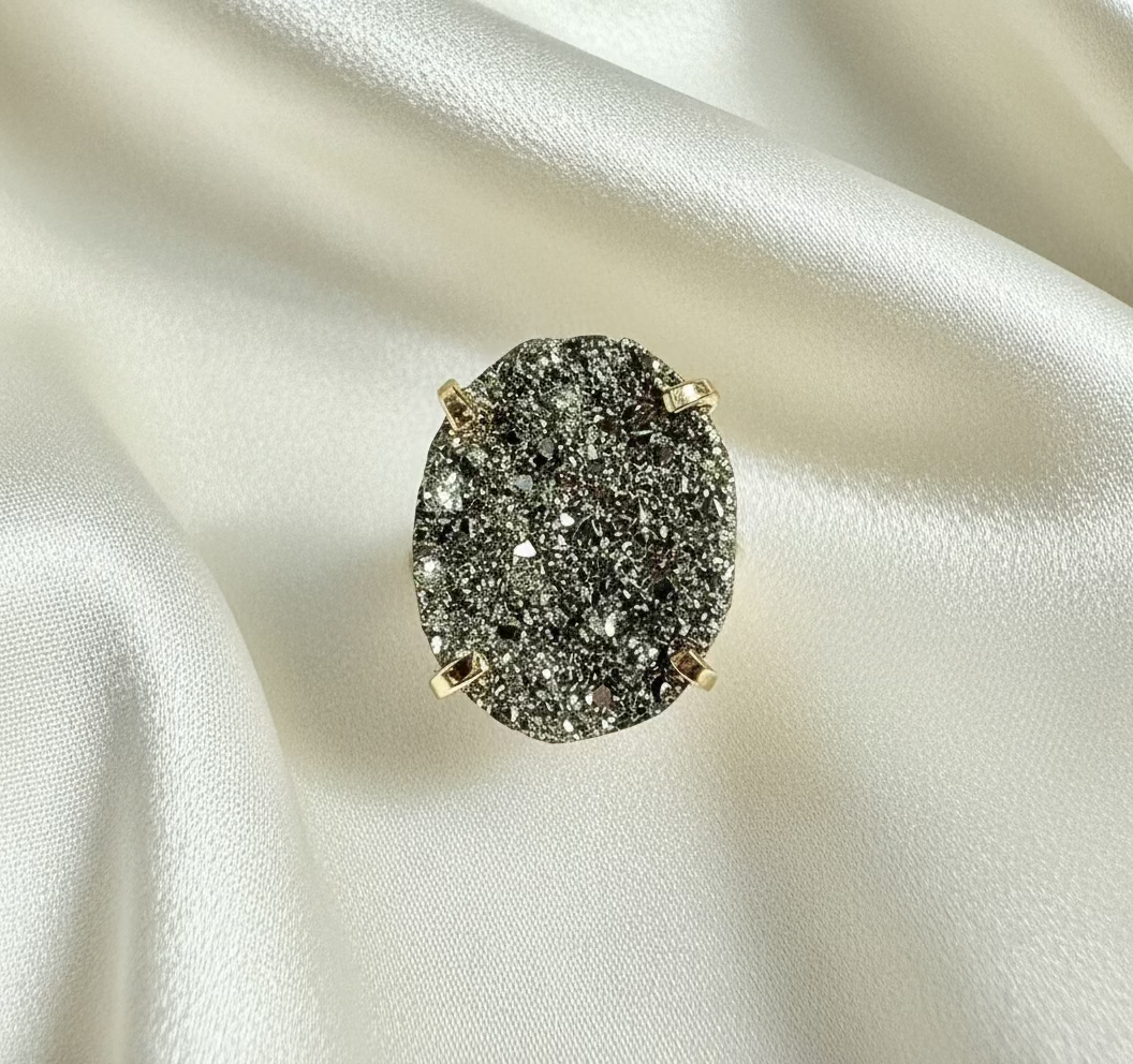 Round Pyrite Statement Cocktail Ring — Genuine Natural Stone, 18K Gold Plated, Adjustable Band