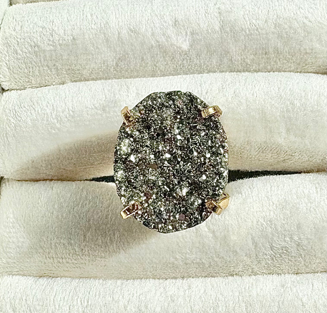 Round Pyrite Statement Cocktail Ring — Genuine Natural Stone, 18K Gold Plated, Adjustable Band