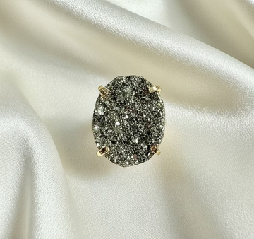 Round Pyrite Statement Cocktail Ring — Genuine Natural Stone, 18K Gold Plated, Adjustable Band