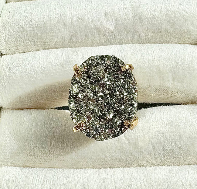 Round Pyrite Statement Cocktail Ring — Genuine Natural Stone, 18K Gold Plated, Adjustable Band