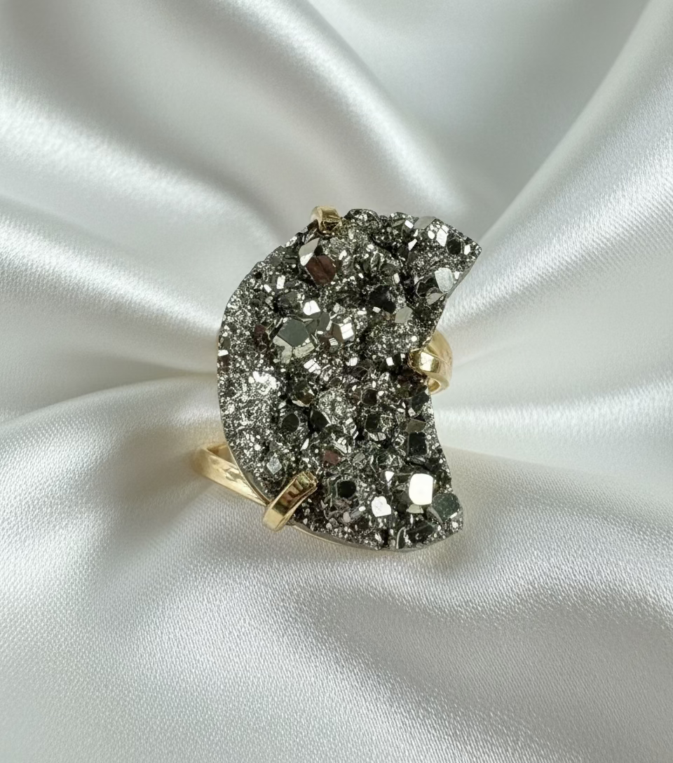 Moon-Shaped Pyrite Statement Ring — Genuine Natural Stone, 18K Gold Plated, Adjustable Band