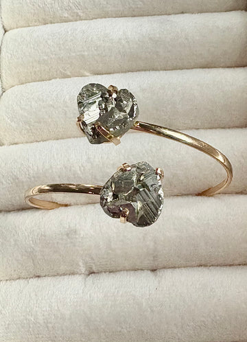 Heart-Shaped Pyrite Stone Bangle Bracelet — Genuine Natural Gemstone with 18K Gold Plated