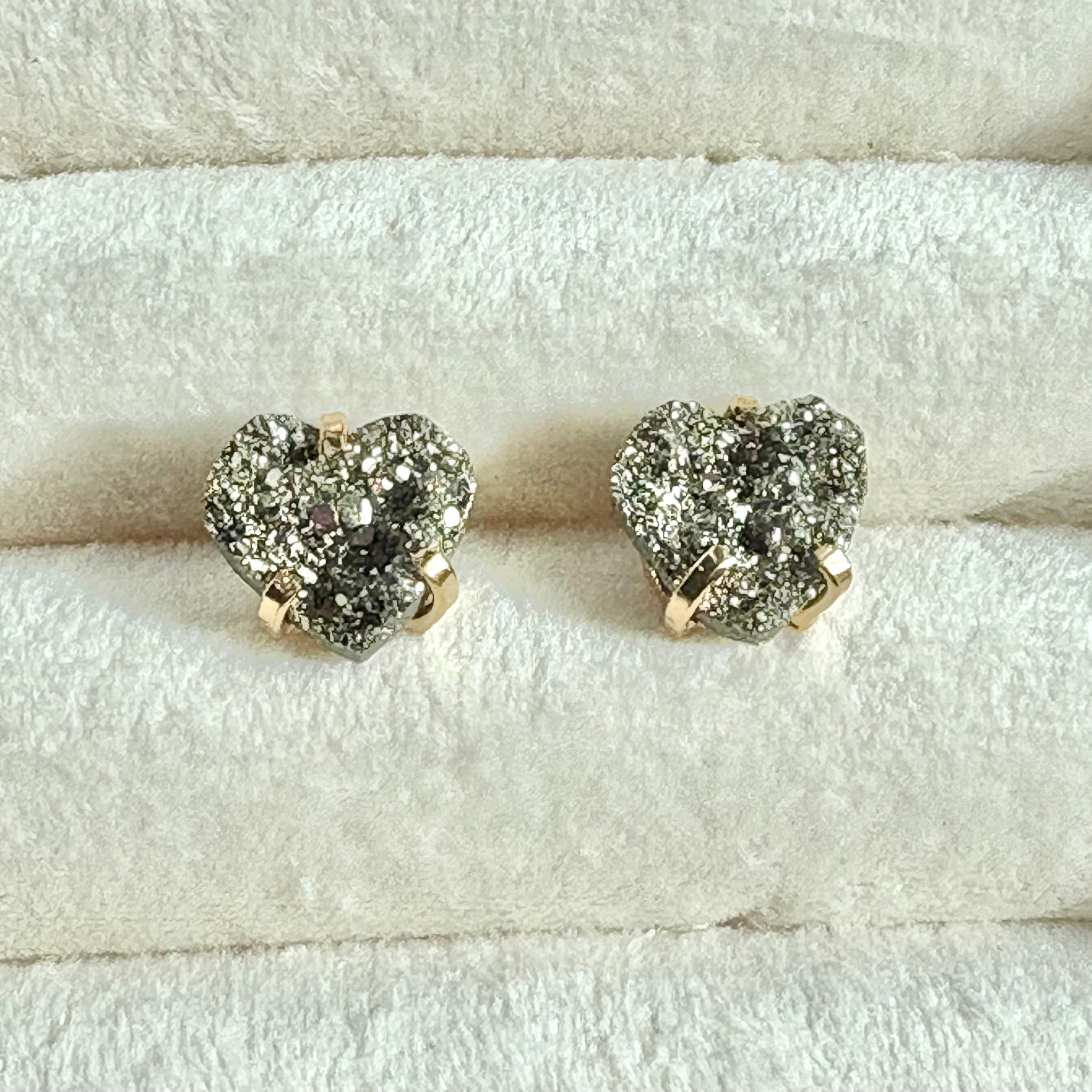 Heart-Shaped Pyrite Stud Earrings — Genuine Natural Stones with 18K Gold Plated Posts