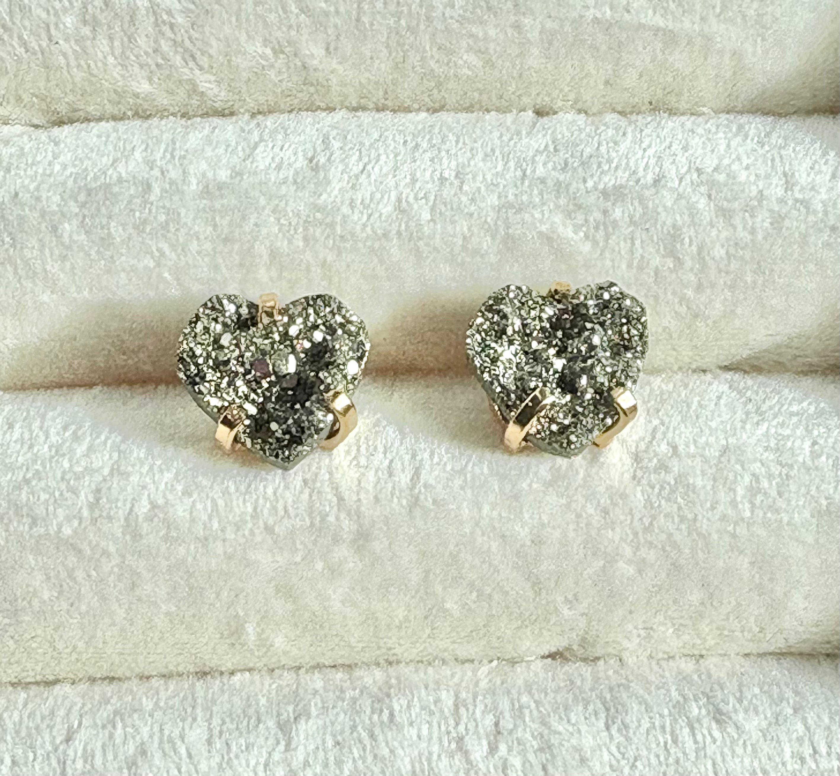 Heart-Shaped Pyrite Stud Earrings — Genuine Natural Stones with 18K Gold Plated Posts