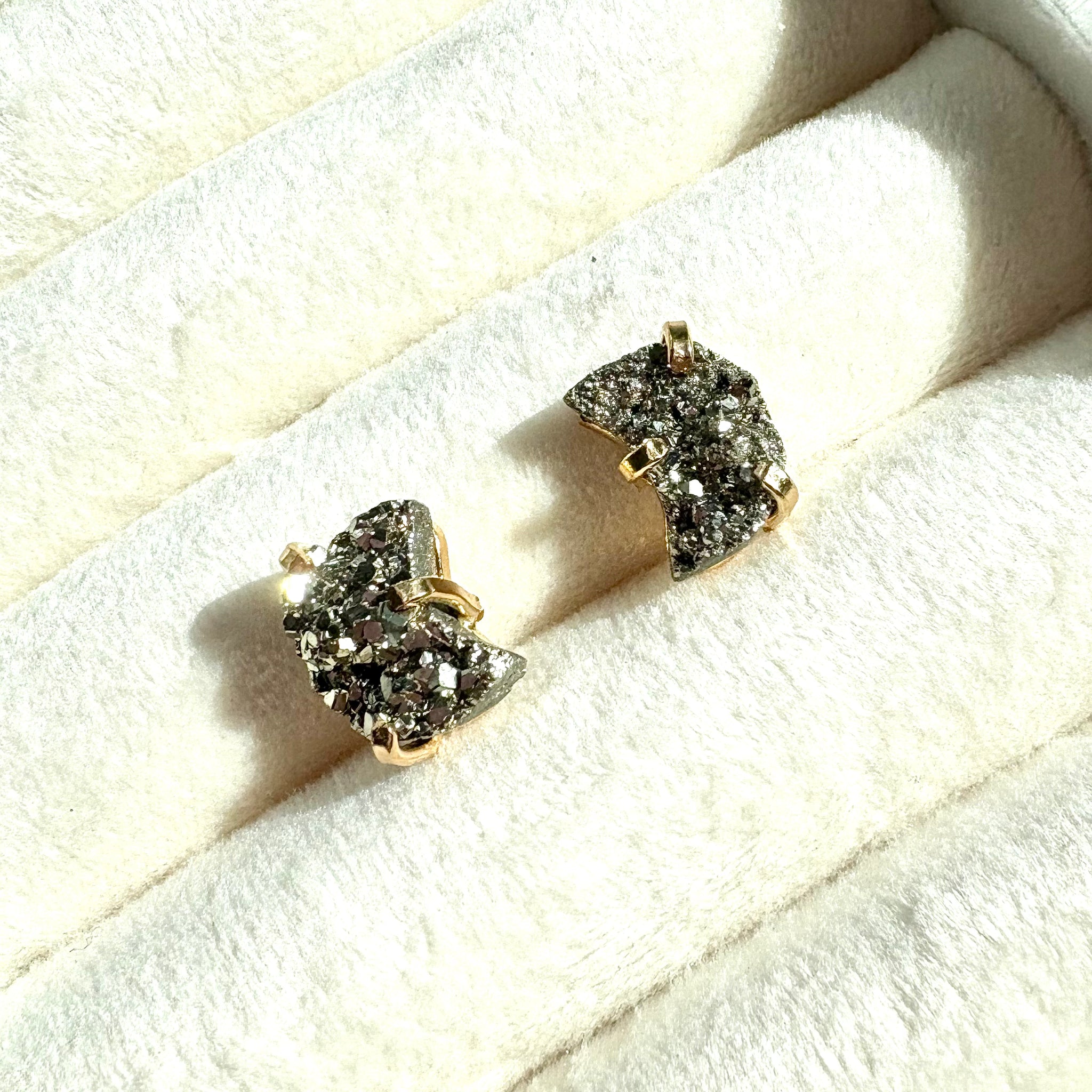 Moon-Shaped Pyrite Stud Earrings — Genuine Natural Stones with 18K Gold Plated Posts