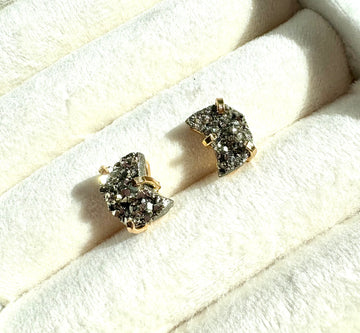 Moon-Shaped Pyrite Stud Earrings — Genuine Natural Stones with 18K Gold Plated Posts