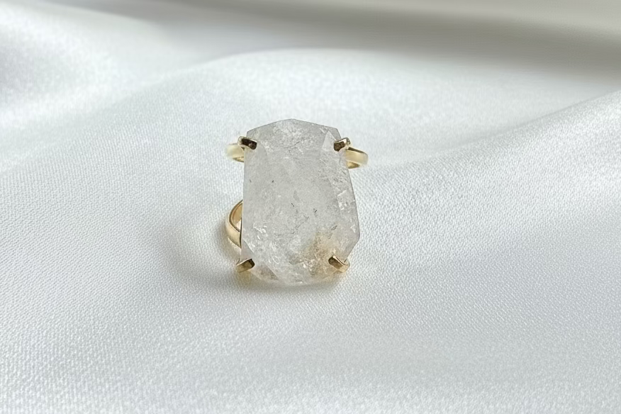 Clear Quartz Statement Ring — 18K Gold Plated, Genuine Natural Gemstone Adjustable Jewelry