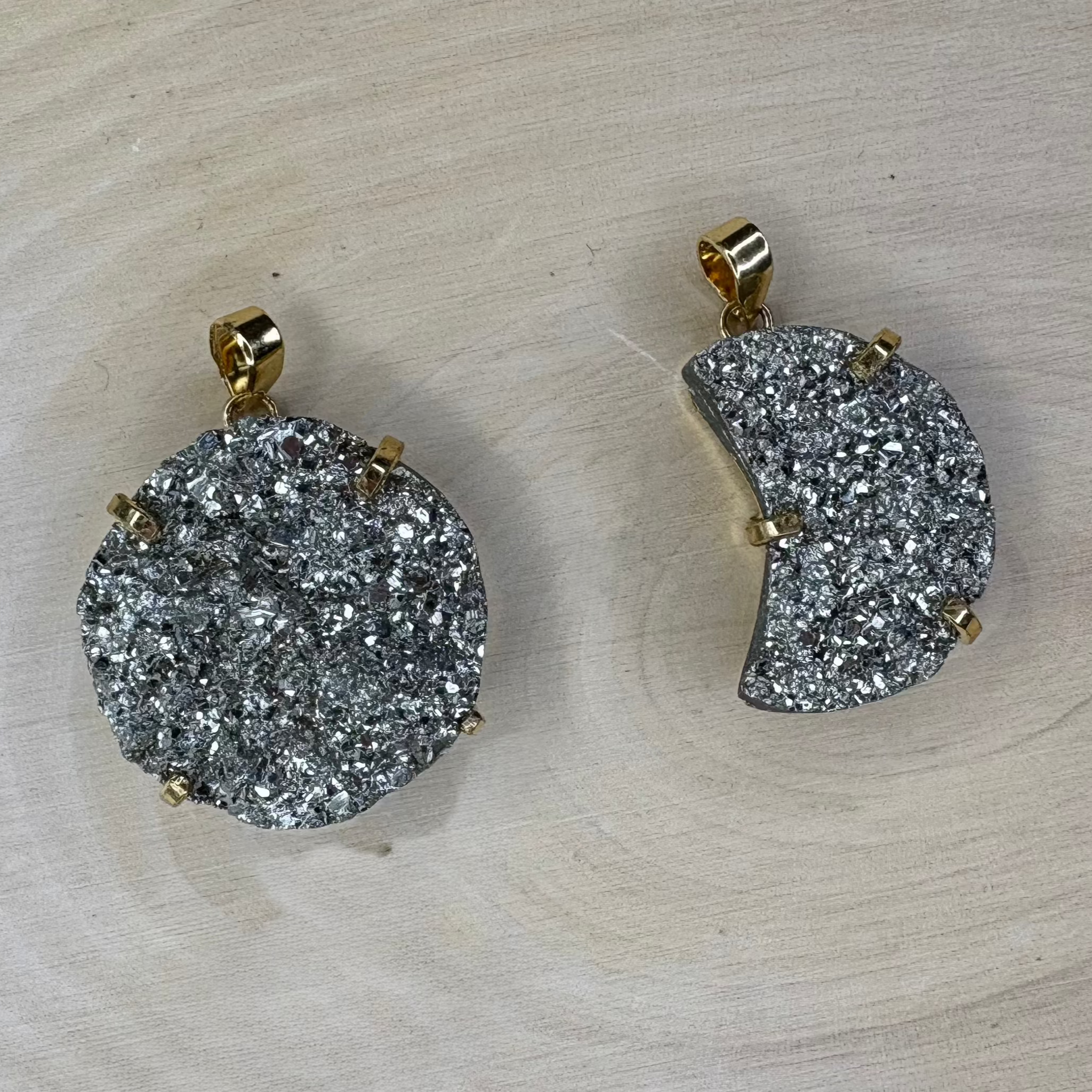 Pyrite Pendant — Round & Moon-Shaped Statement Stones, 18K Gold Plated, Natural Gemstone Jewelry