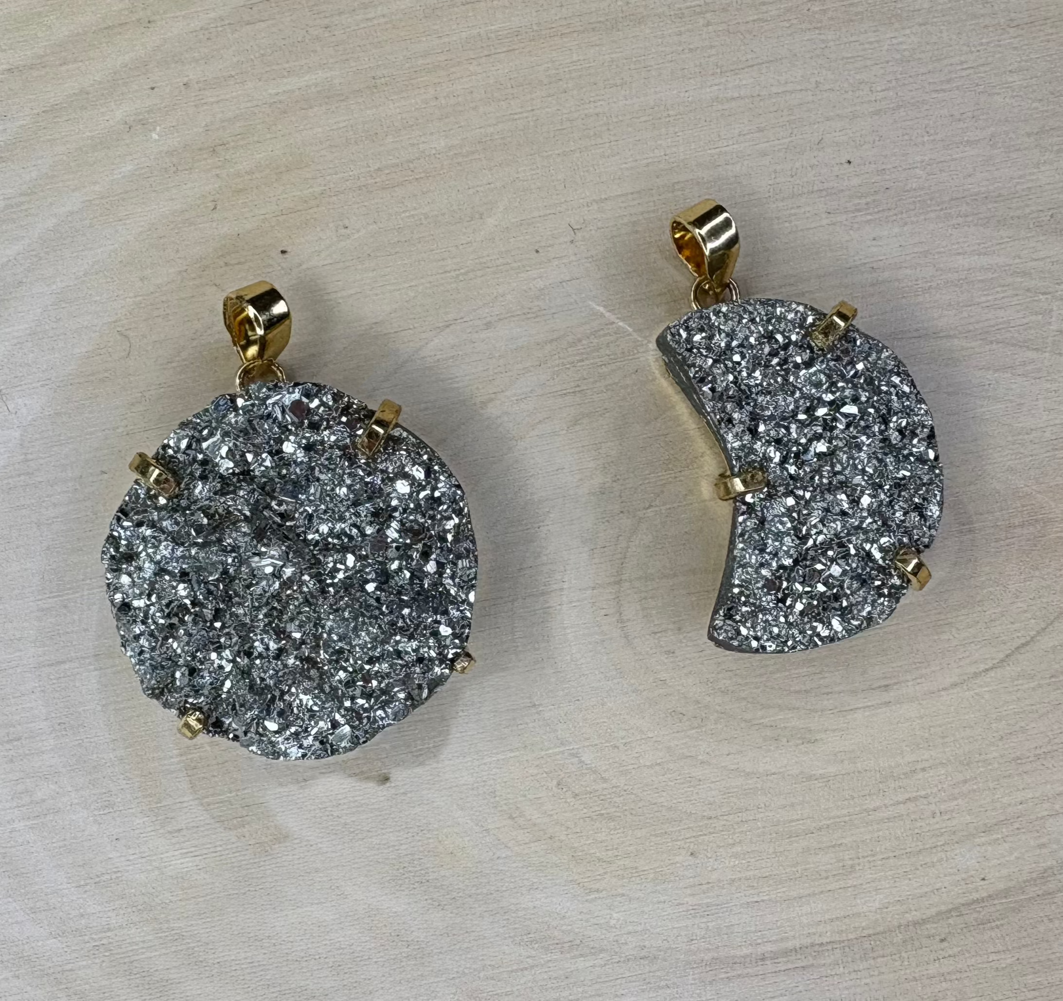 Pyrite Pendant — Round & Moon-Shaped Statement Stones, 18K Gold Plated, Natural Gemstone Jewelry
