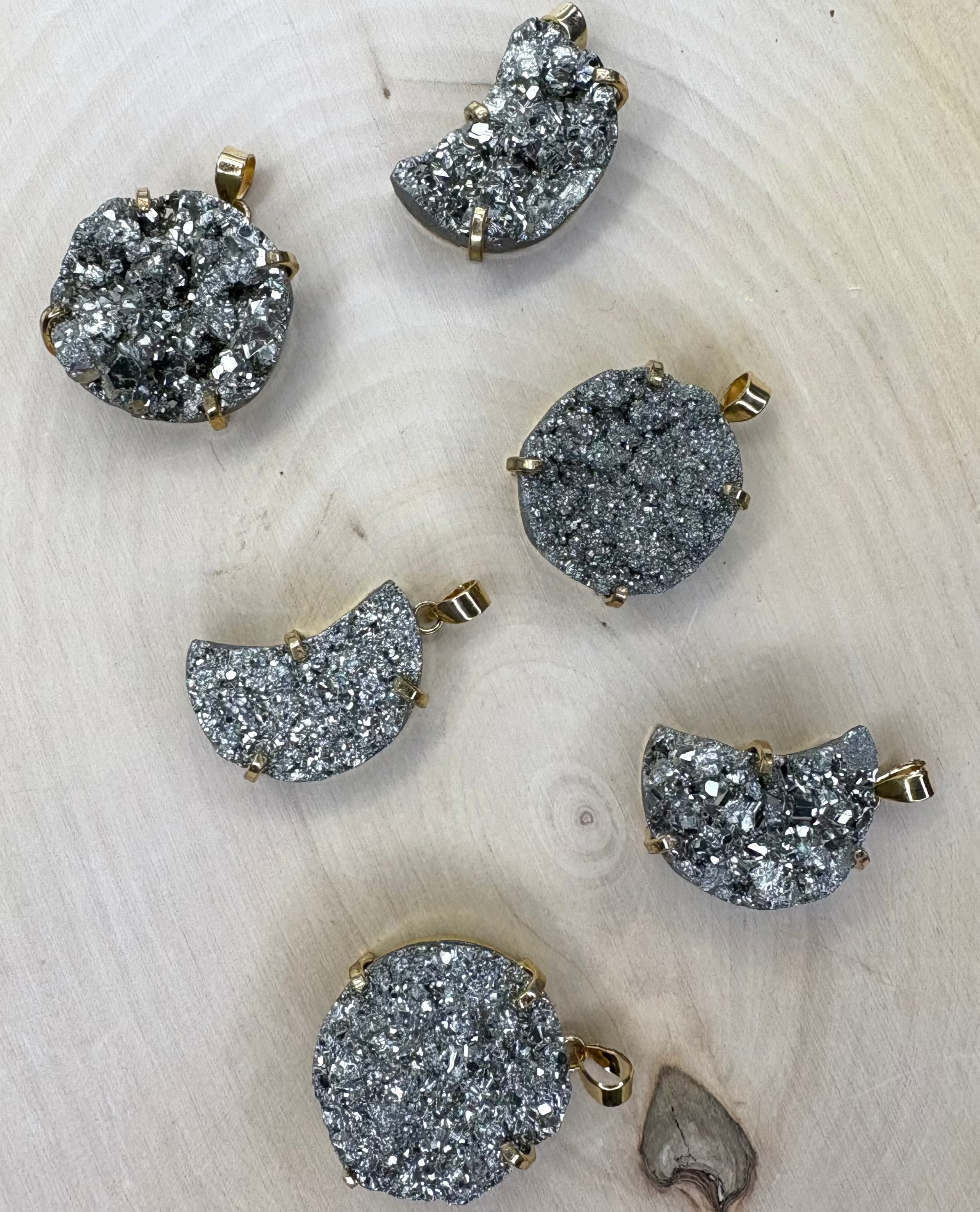 Pyrite Pendant — Round & Moon-Shaped Statement Stones, 18K Gold Plated, Natural Gemstone Jewelry