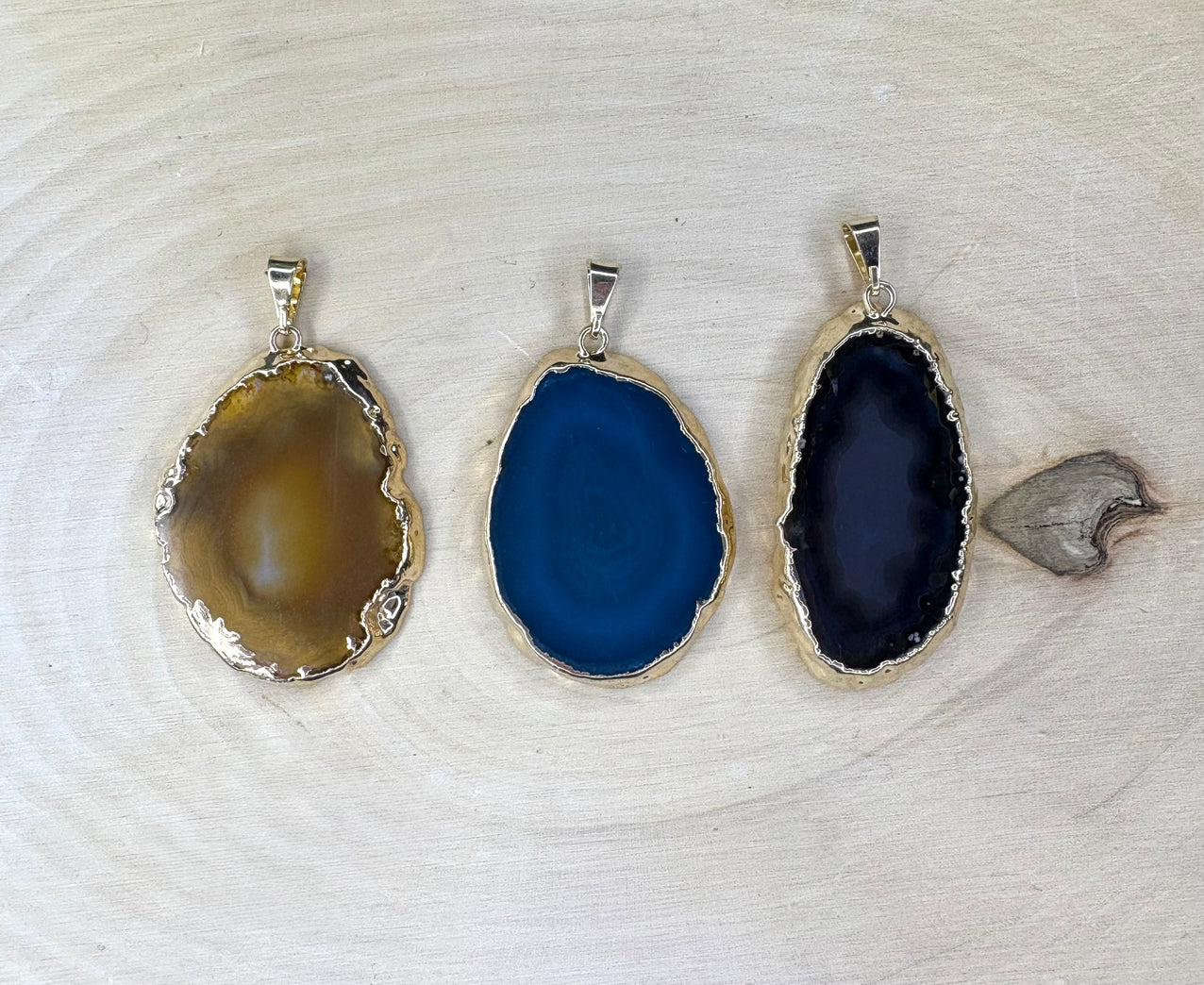 Agate Slice Pendant Necklace — Blue, Black & Brown Stones with 18K Gold Hand-Painted Edges