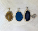 Agate Slice Pendant Necklace — Blue, Black & Brown Stones with 18K Gold Hand-Painted Edges